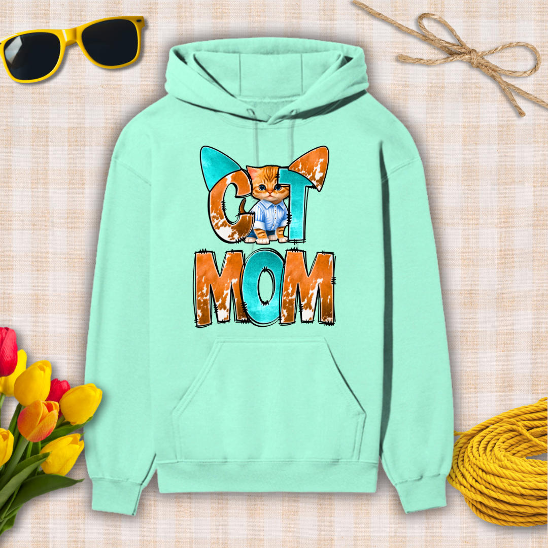 Mint green hoodie with 'Cat Mom' design on a checkered background