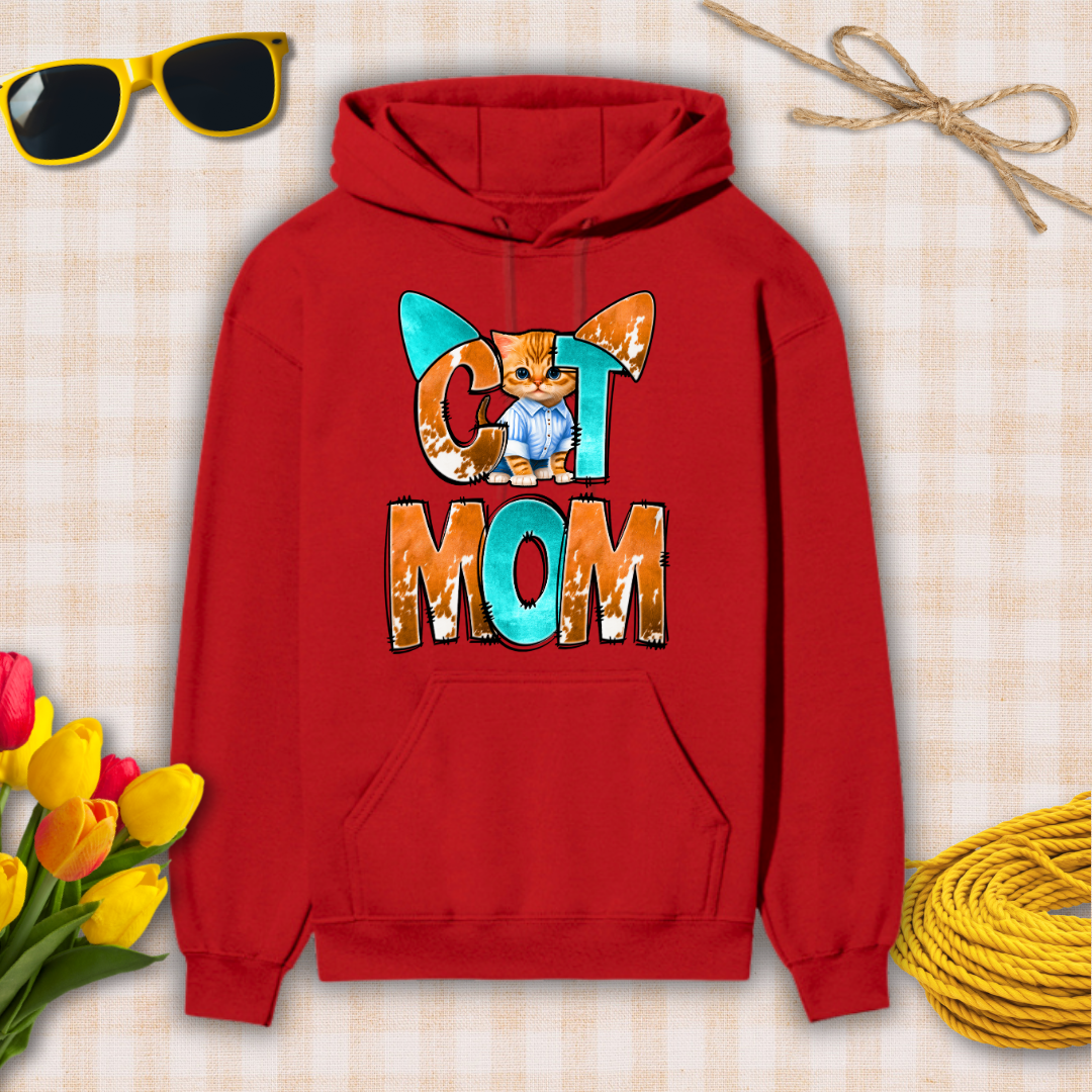 Red hoodie with 'Cat Mom' design on a checkered background