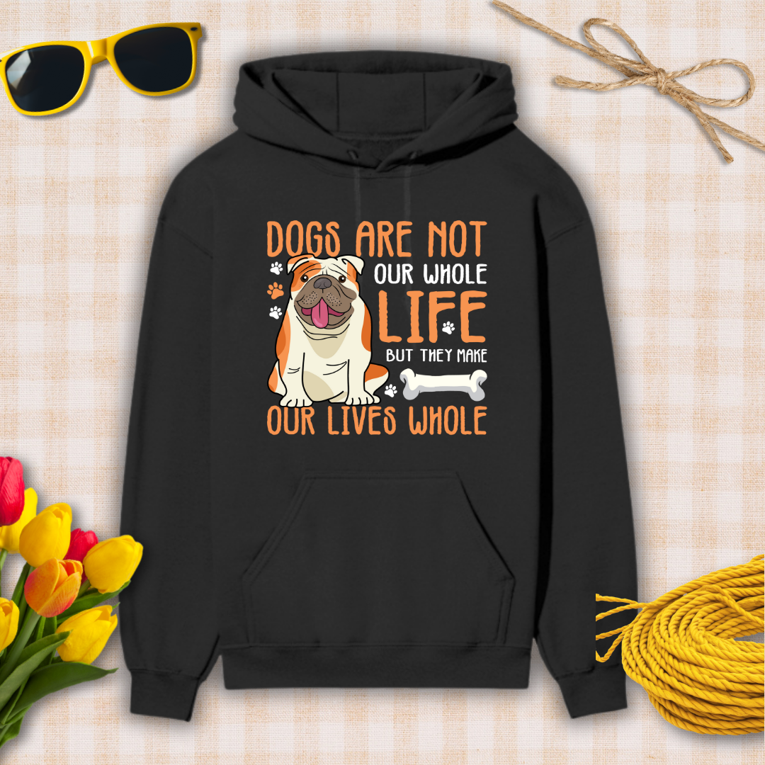Black hoodie with a dog graphic and text on a checkered background with sunglasses, flowers, and twine.