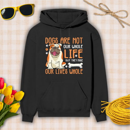 Black hoodie with a dog graphic and text on a checkered background with sunglasses, flowers, and twine.