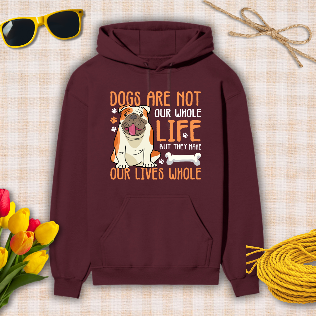 Maroon hoodie with a dog graphic and text on a checkered background