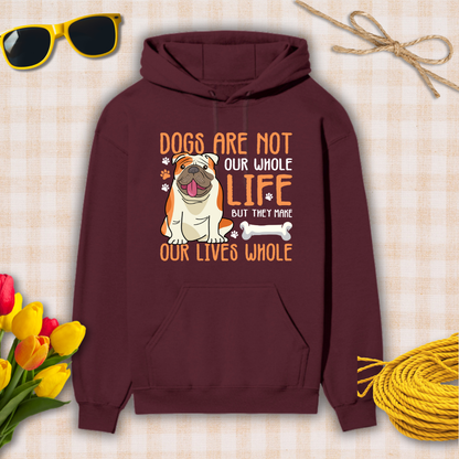 Maroon hoodie with a dog graphic and text on a checkered background