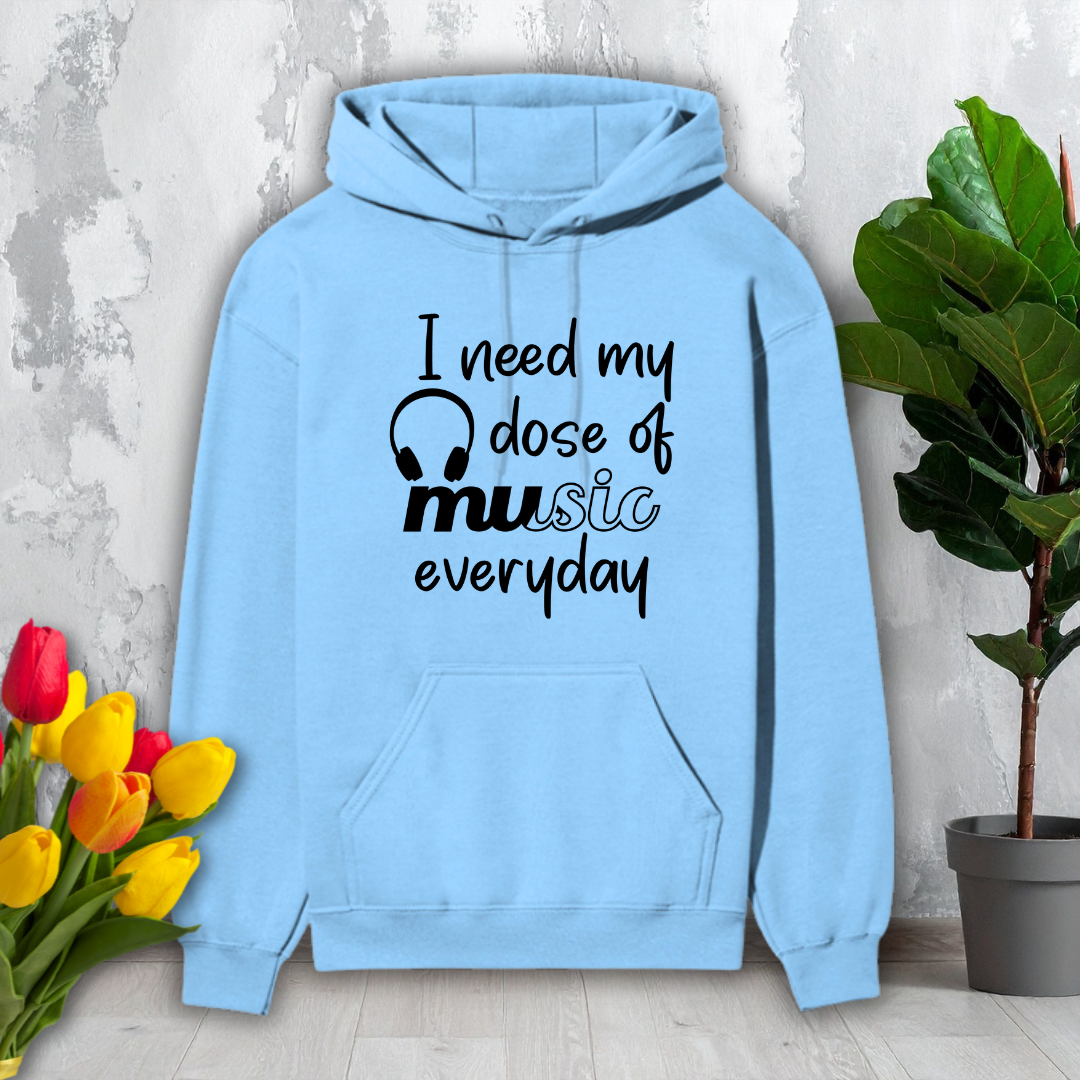 Light blue hoodie with 'I need my dose of music everyday' text on a light gray background with flowers and a plant.