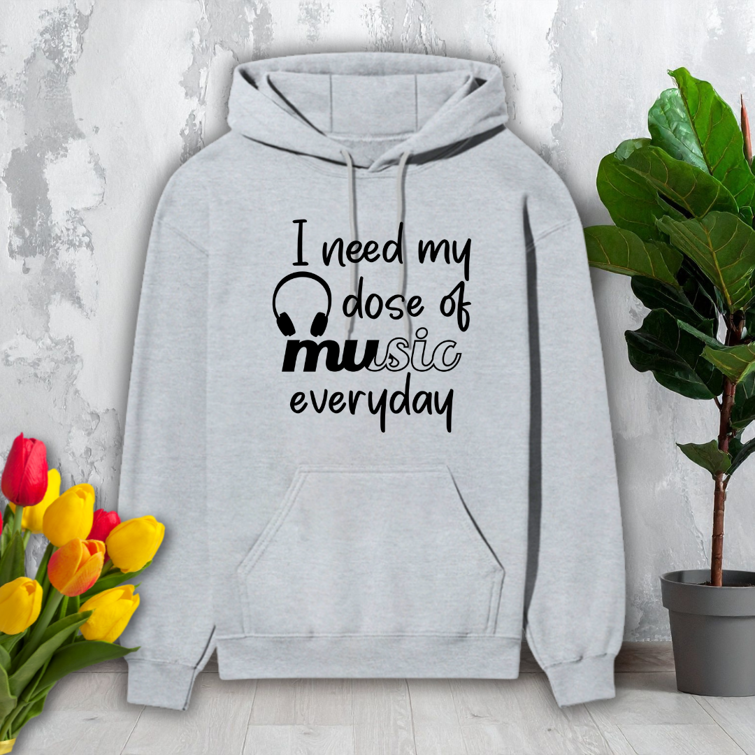Gray hoodie with 'I need my dose of music everyday' text on a light gray background with flowers and a plant.