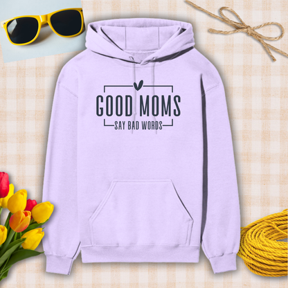 Light purple hoodie with 'Good moms say bad words' text on a checkered background with sunglasses, flowers, and twine.