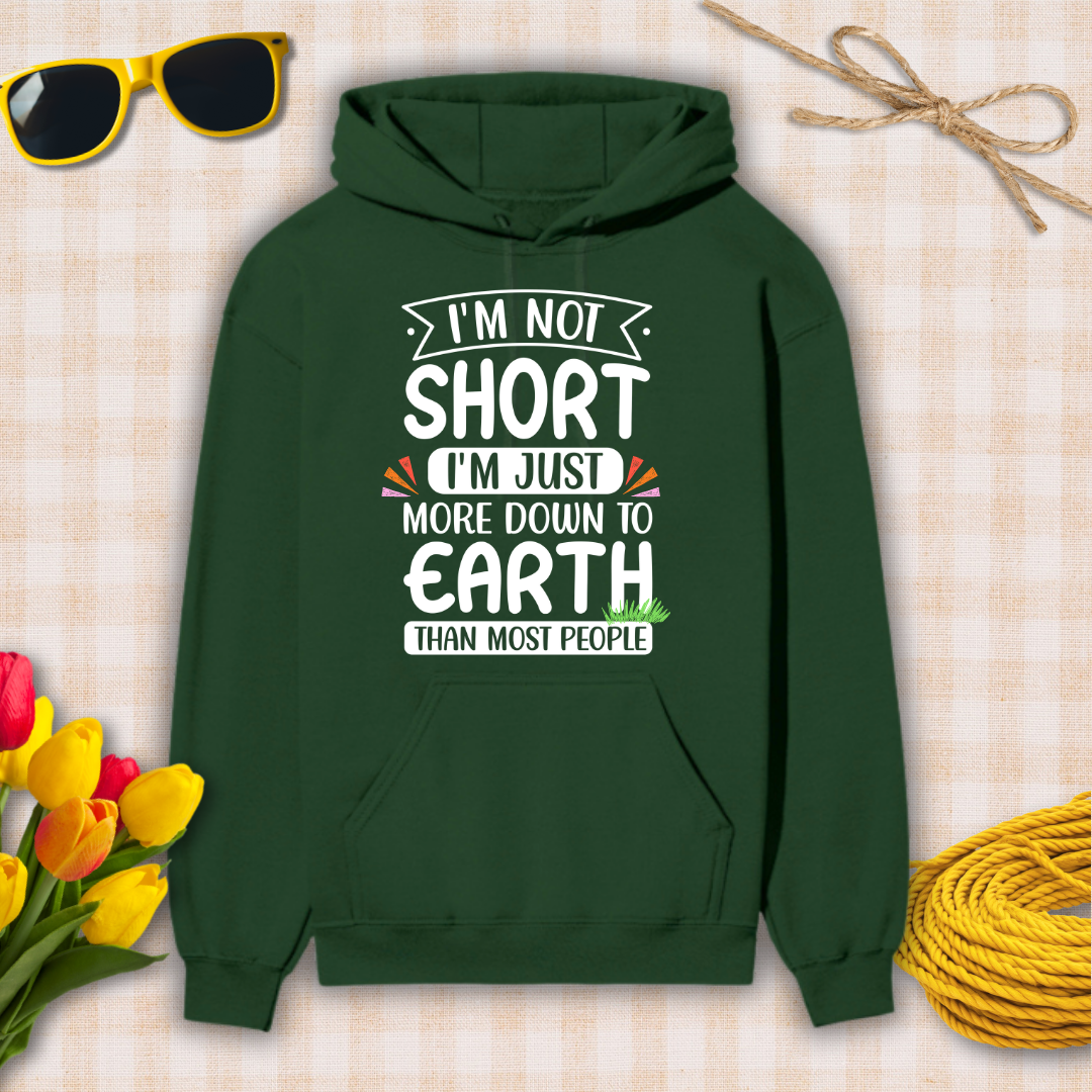 Green hoodie with humorous text on a checkered background with accessories.