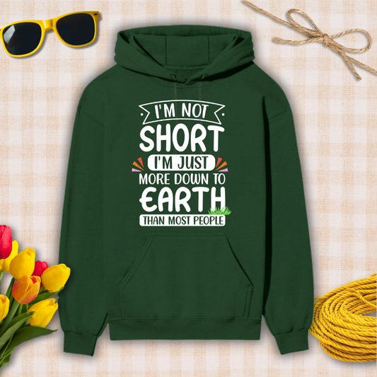 Green hoodie with humorous text on a checkered background with accessories.
