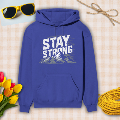 Blue hoodie with 'Stay Strong' text on a checkered background with sunglasses, flowers, and twine.