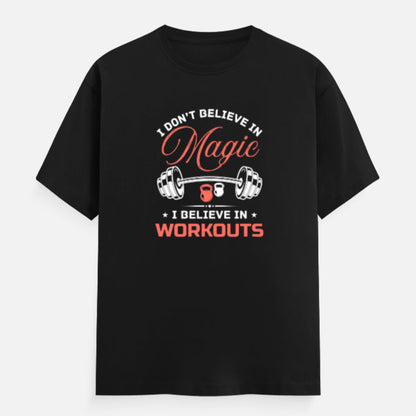Black t-shirt with humorous fitness quote on a white background