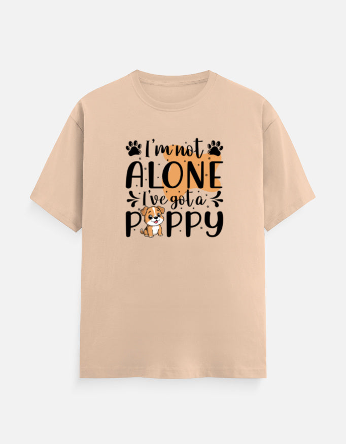 Cotton t-shirt with text 'I'm not alone, I've got a poppy' on a peach background