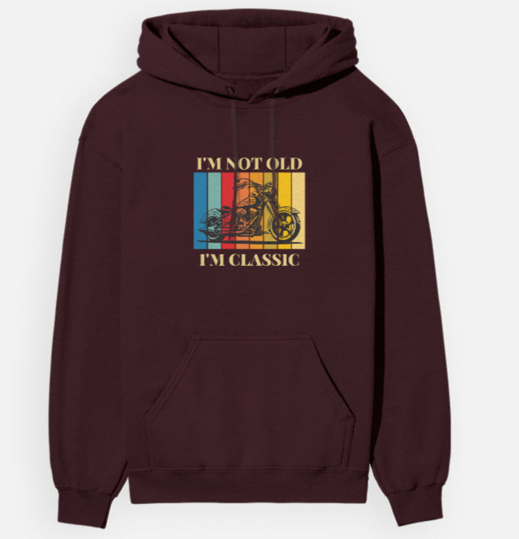 Maroon hoodie with graphic design and text on a white background