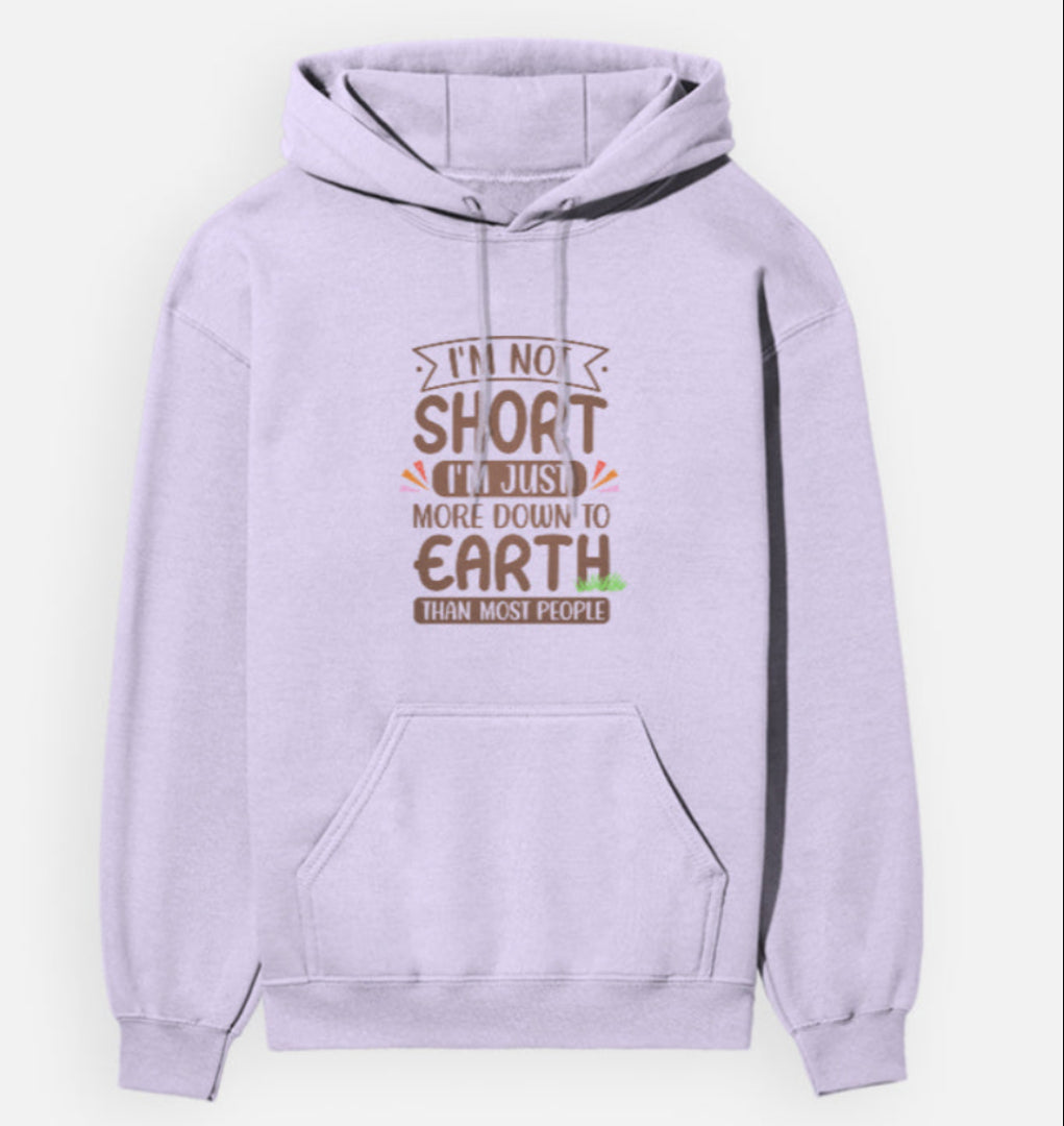 Lavender hoodie with text design on a white background