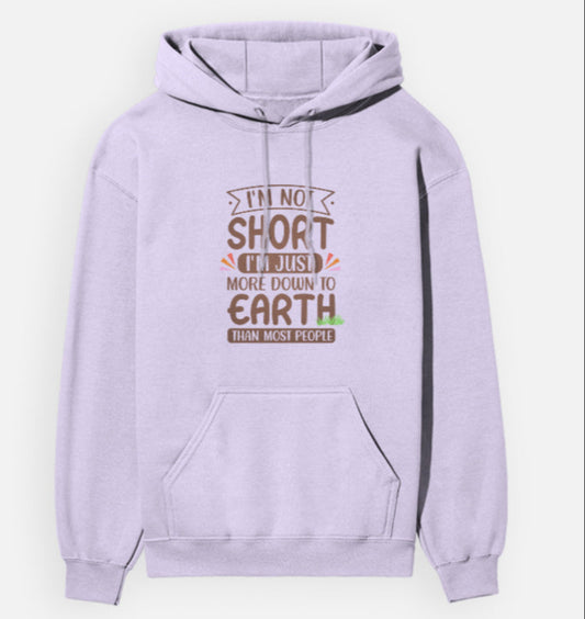 Lavender hoodie with text design on a white background