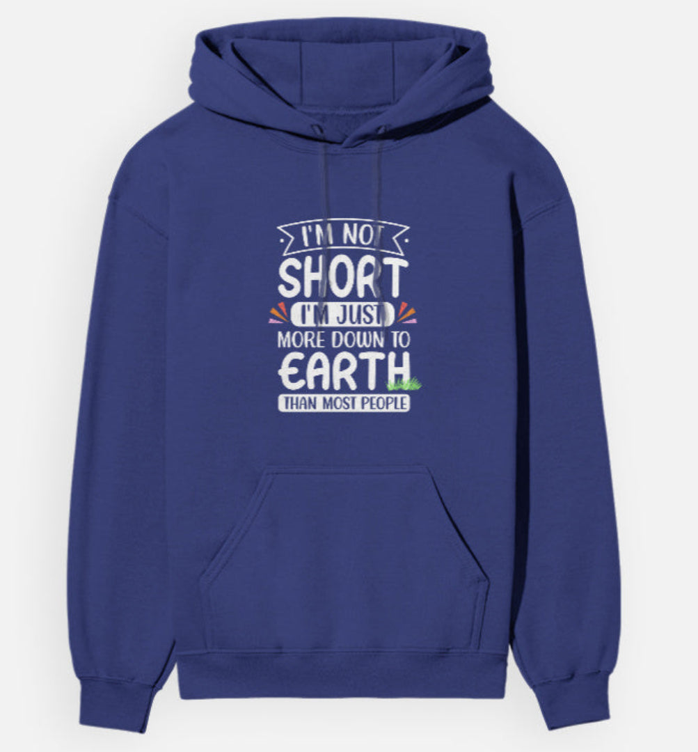 Blue hoodie with humorous text design on a white background