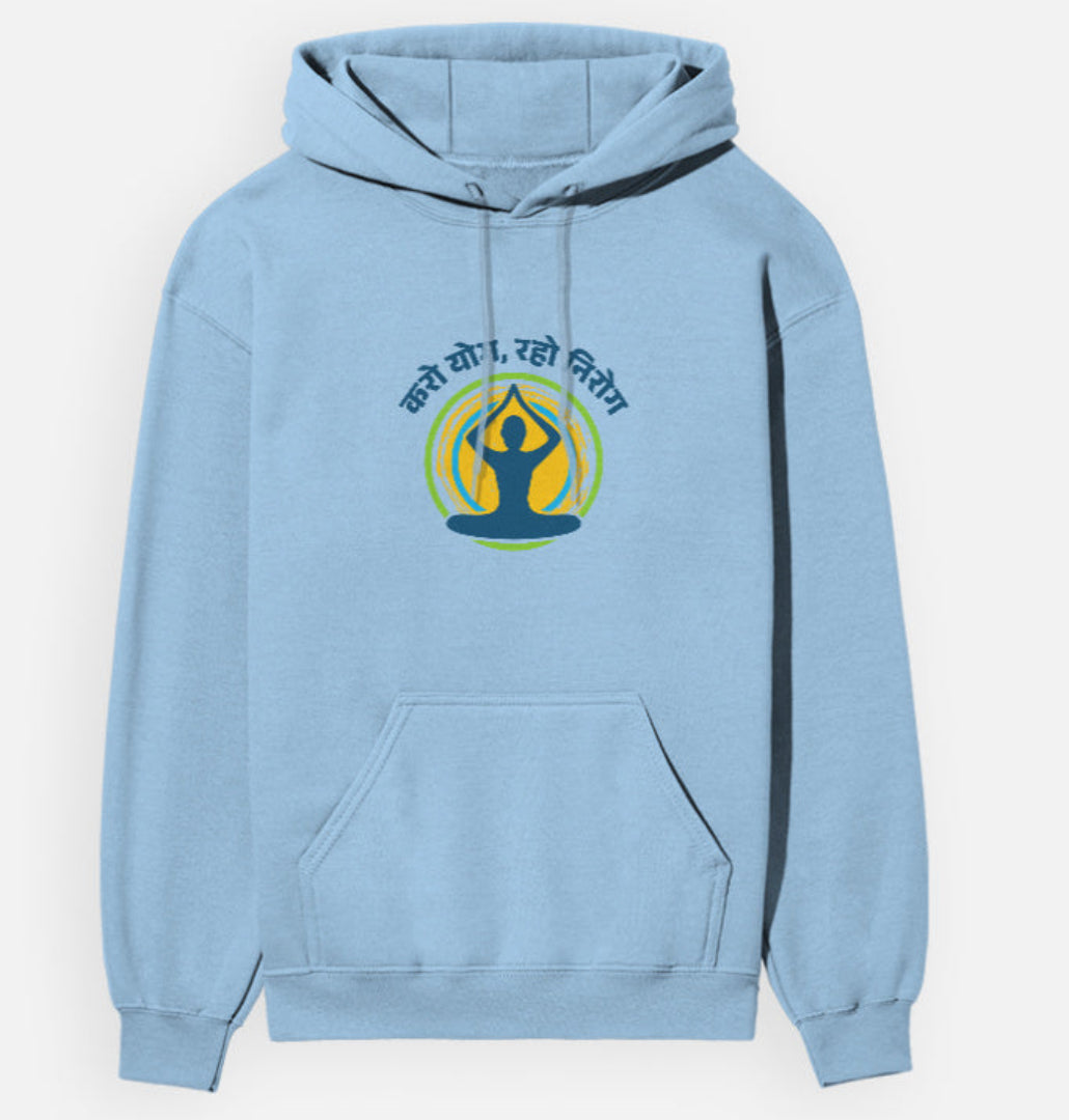 Light blue hoodie with a logo on a white background