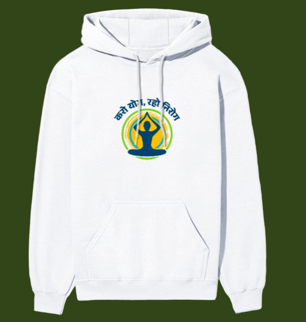 White hoodie with a logo and text on a white background