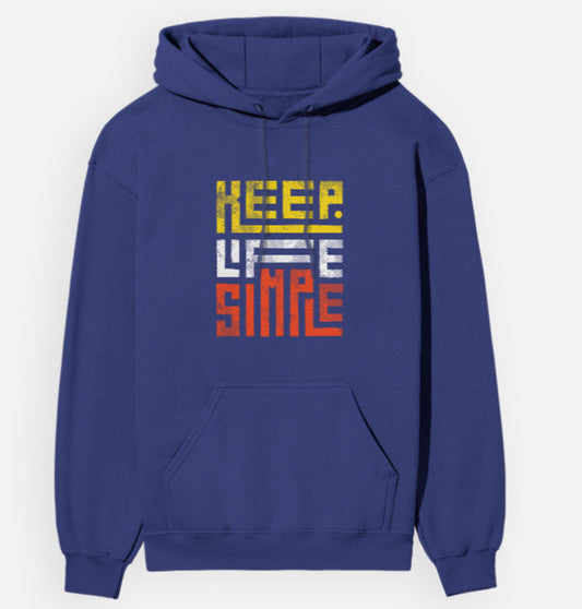 Blue hoodie with 'Keep Life Simple' text in yellow, white, and red on a white background