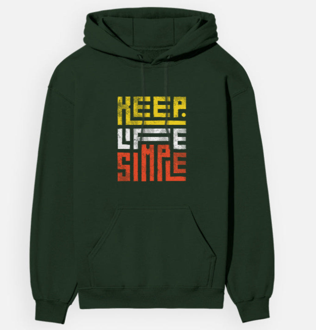 Green hoodie with 'Keep Life Simple' text in yellow and red on a white background