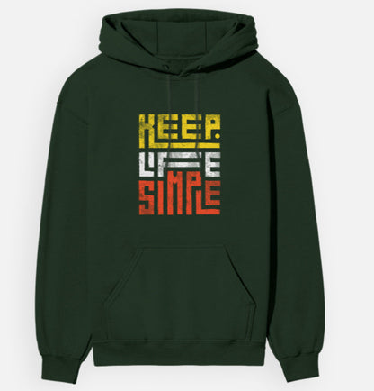 Green hoodie with 'Keep Life Simple' text in yellow and red on a white background