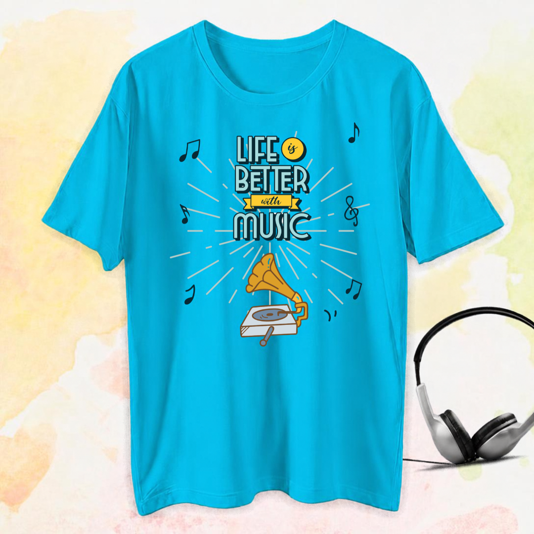 A bright turquoise blue short-sleeve t-shirt with a graphic that reads 'LIFE IS BETTER WITH MUSIC' in stylized lettering, surrounded by musical notes and a gramophone illustration. A pair of gray over-ear headphones is pictured on the right side against a light, textured watercolor background.