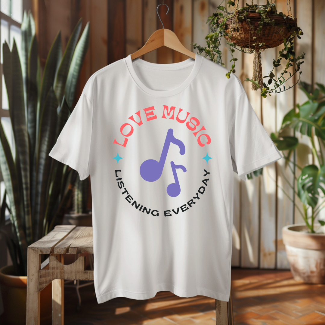 A white short-sleeve t-shirt hanging on a wooden hanger in a rustic indoor setting. The shirt features a graphic print with the words 'LOVE MUSIC' in coral pink and 'LISTENING EVERYDAY' in black, surrounding a purple musical note icon.