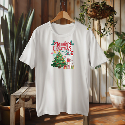 White t-shirt with Christmas design on a hanger in a room with plants