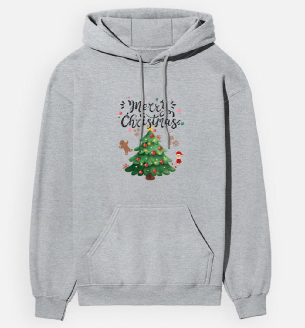 Gray hoodie with Christmas tree and 'Merry Christmas' text on a white background