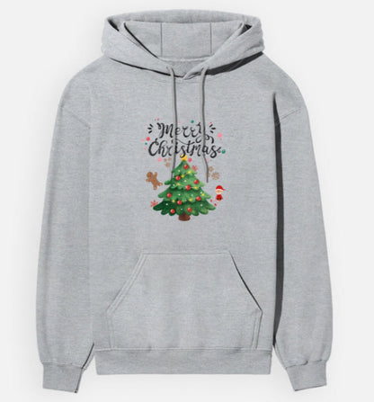 Gray hoodie with Christmas tree and 'Merry Christmas' text on a white background