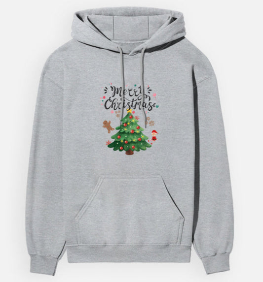Gray hoodie with Christmas tree and 'Merry Christmas' text on a white background