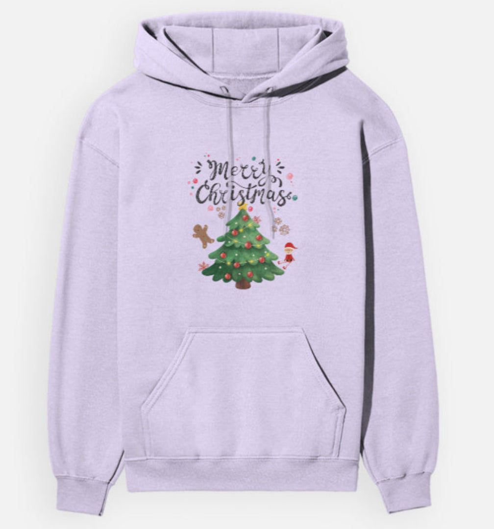 Lavender hoodie with Christmas tree and 'Merry Christmas' text on a white background