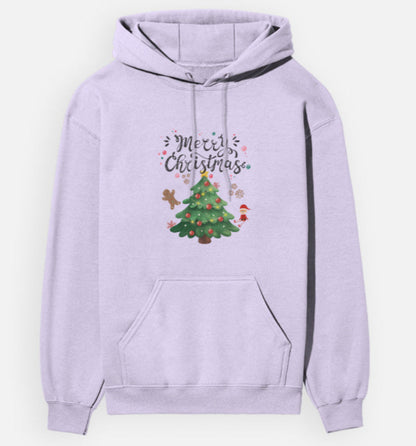 Lavender hoodie with Christmas tree and 'Merry Christmas' text on a white background