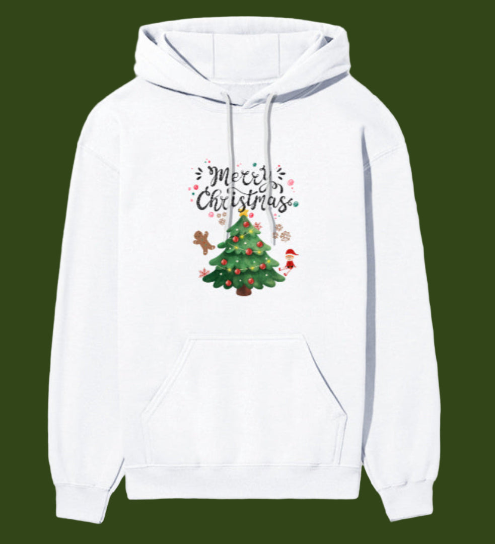White hoodie with Christmas tree and 'Merry Christmas' text on a white background