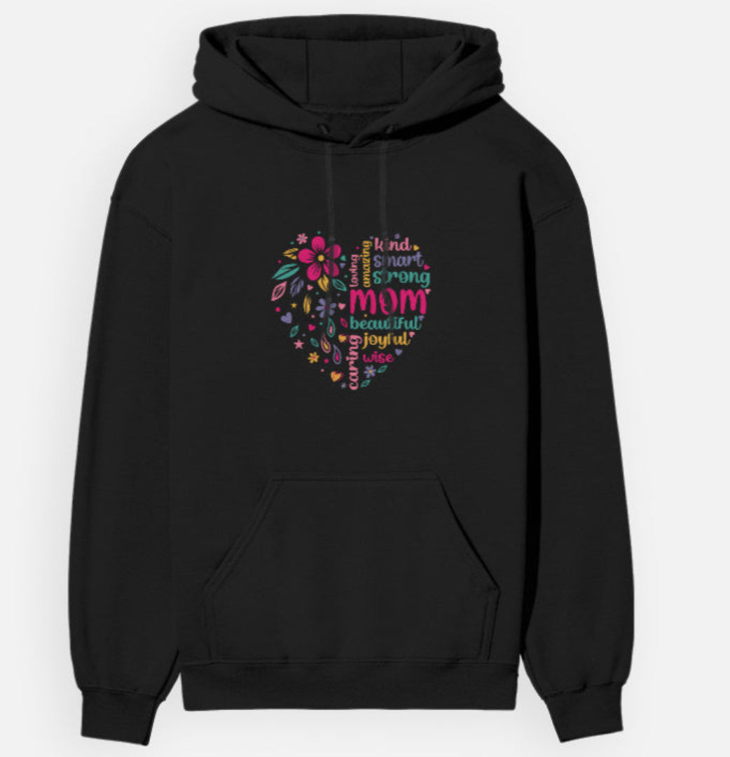 Black hoodie with colorful text design on a white background