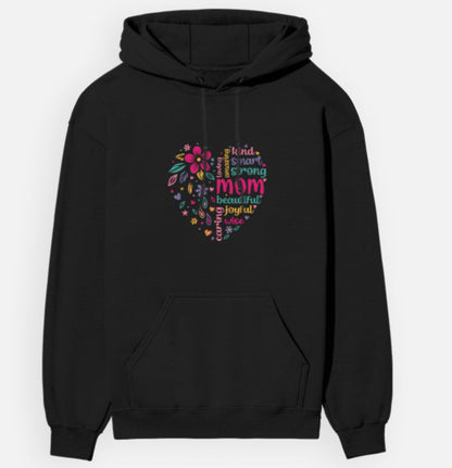 Black hoodie with colorful text design on a white background