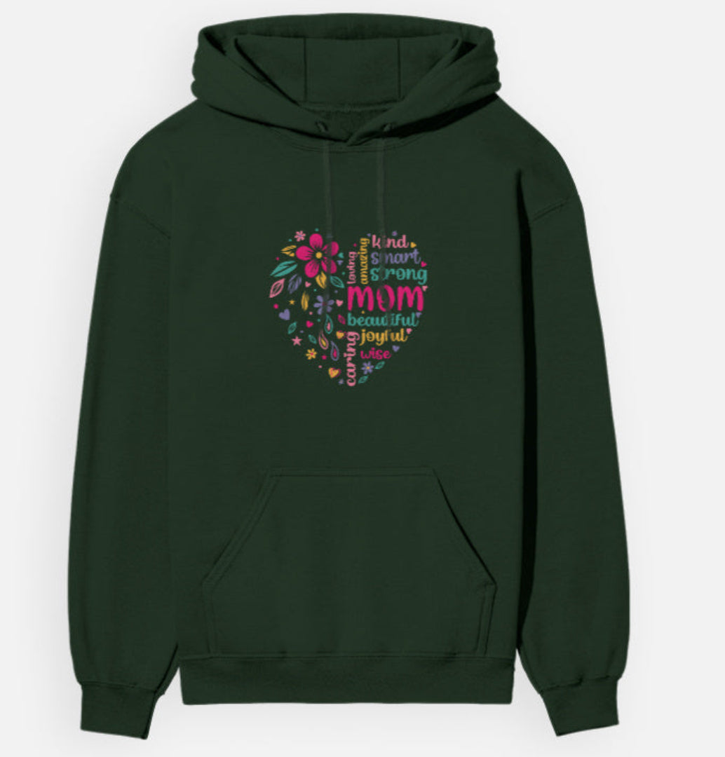 Green hoodie with colorful text design on a white background