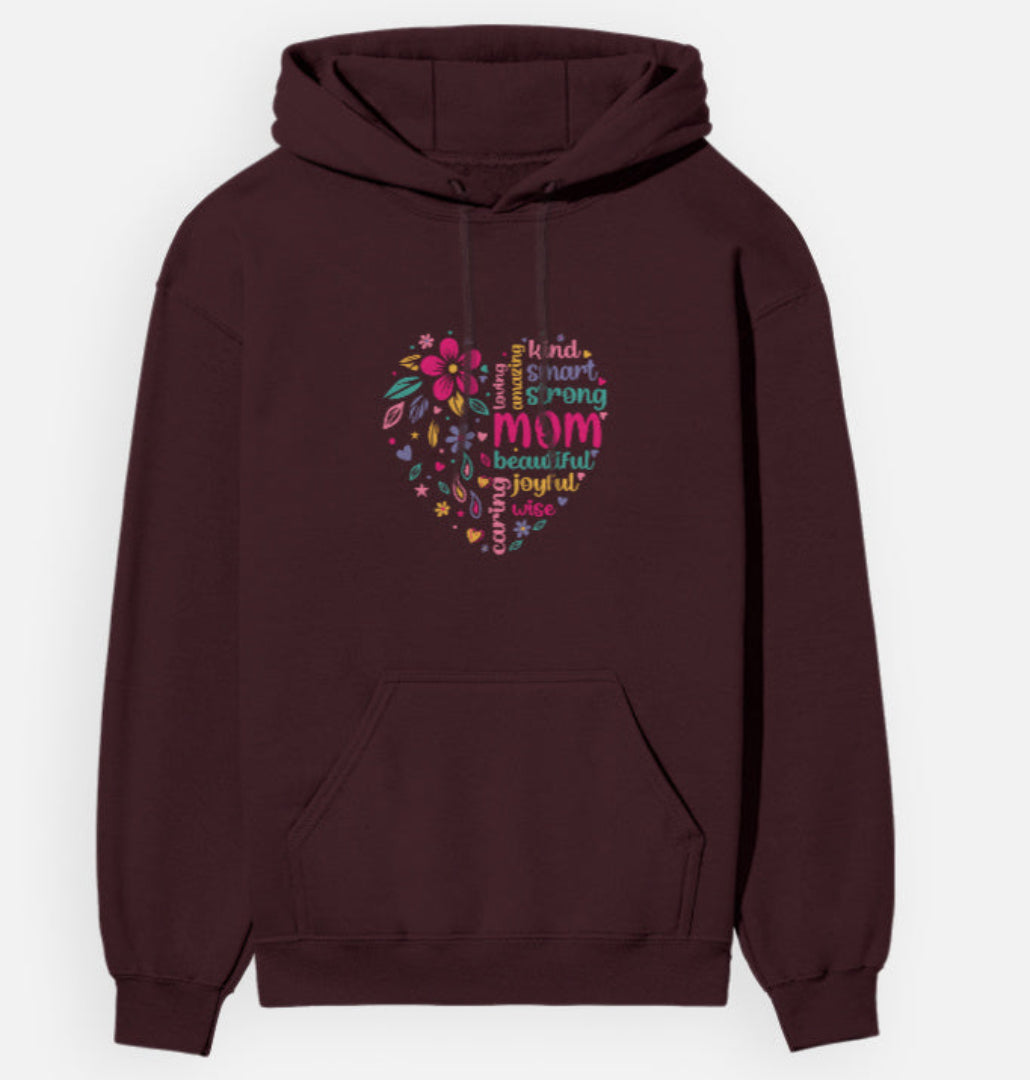 Maroon hoodie with colorful text design on a white background