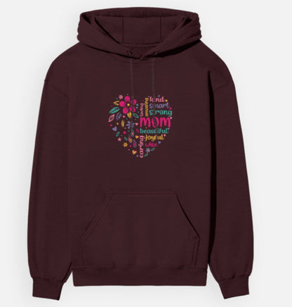 Maroon hoodie with colorful text design on a white background