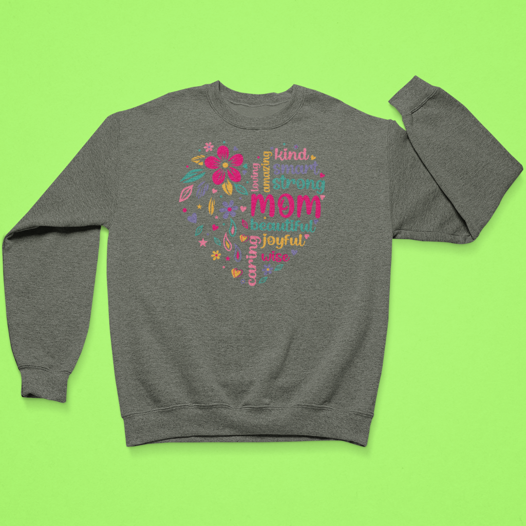 Olive Green sweatshirt with colorful text design on a green background