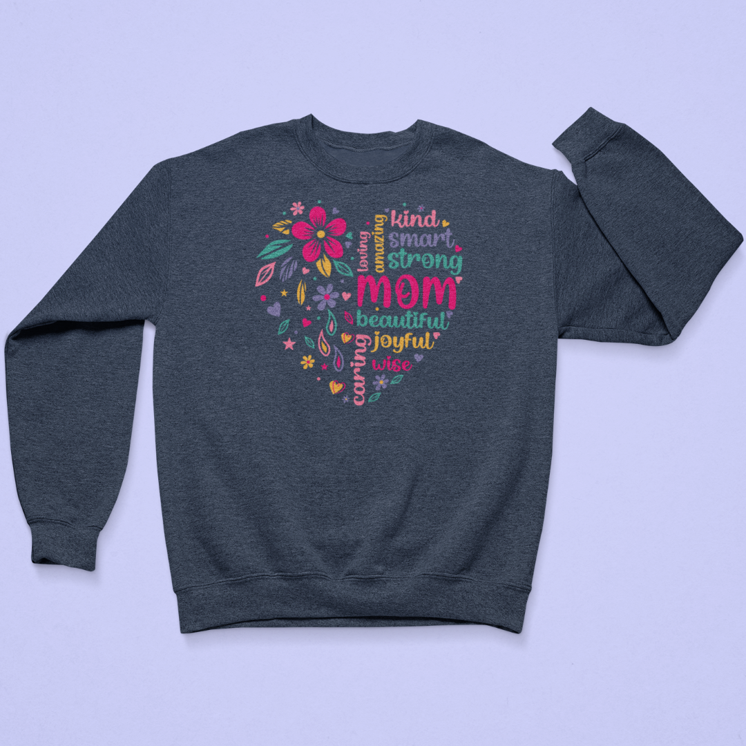 Navy Blue sweatshirt with colorful text and floral designs on a light purple background