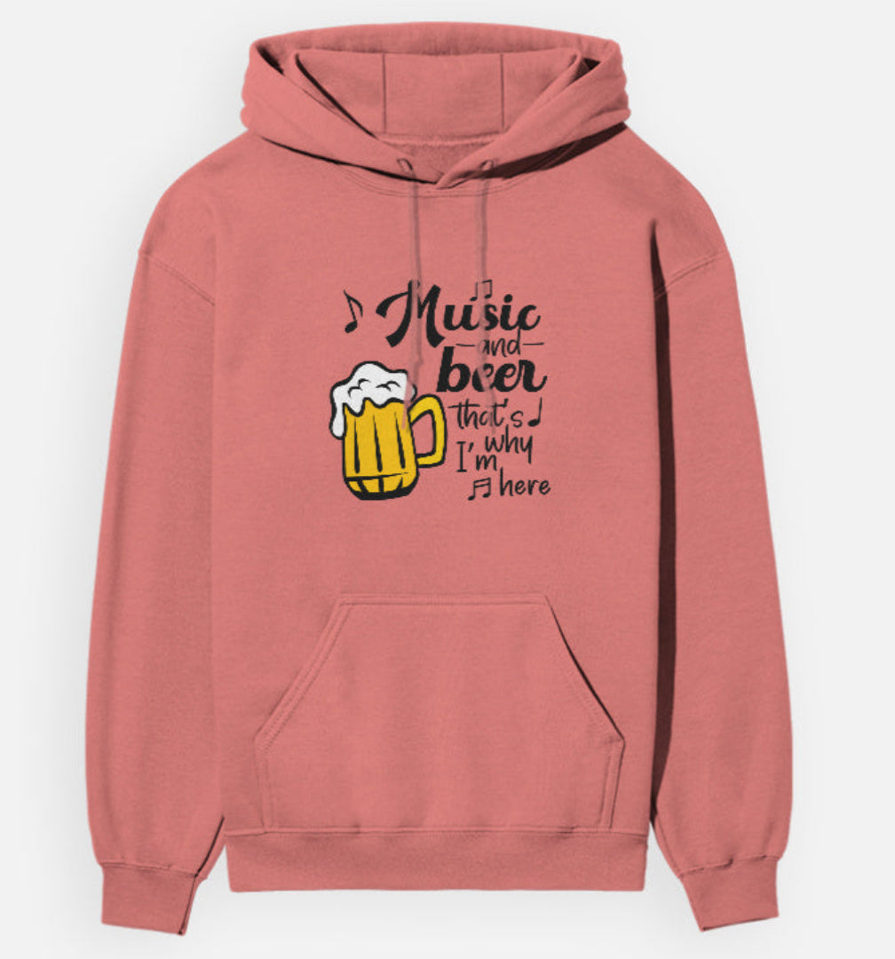 Coral hoodie with a graphic of a beer mug and text on a white background