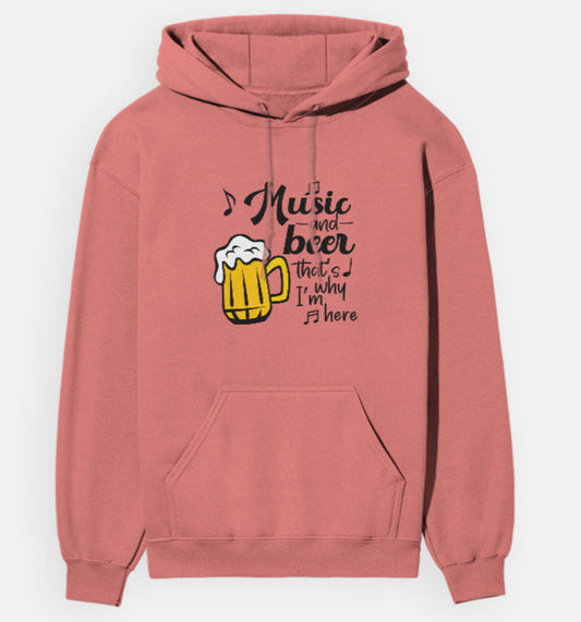 Coral hoodie with a graphic of a beer mug and text on a white background
