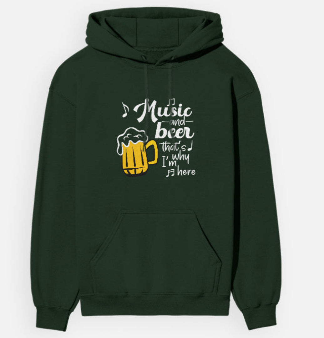 Green hoodie with text and beer mug graphic on a white background