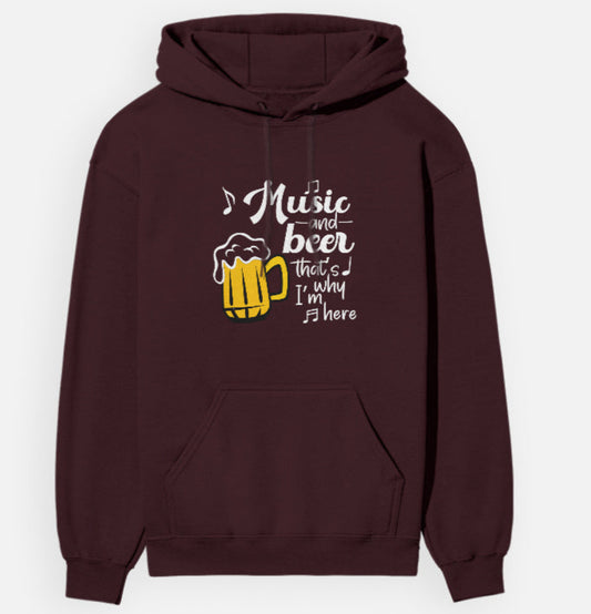 Maroon hoodie with a graphic of a beer mug and text on a white background