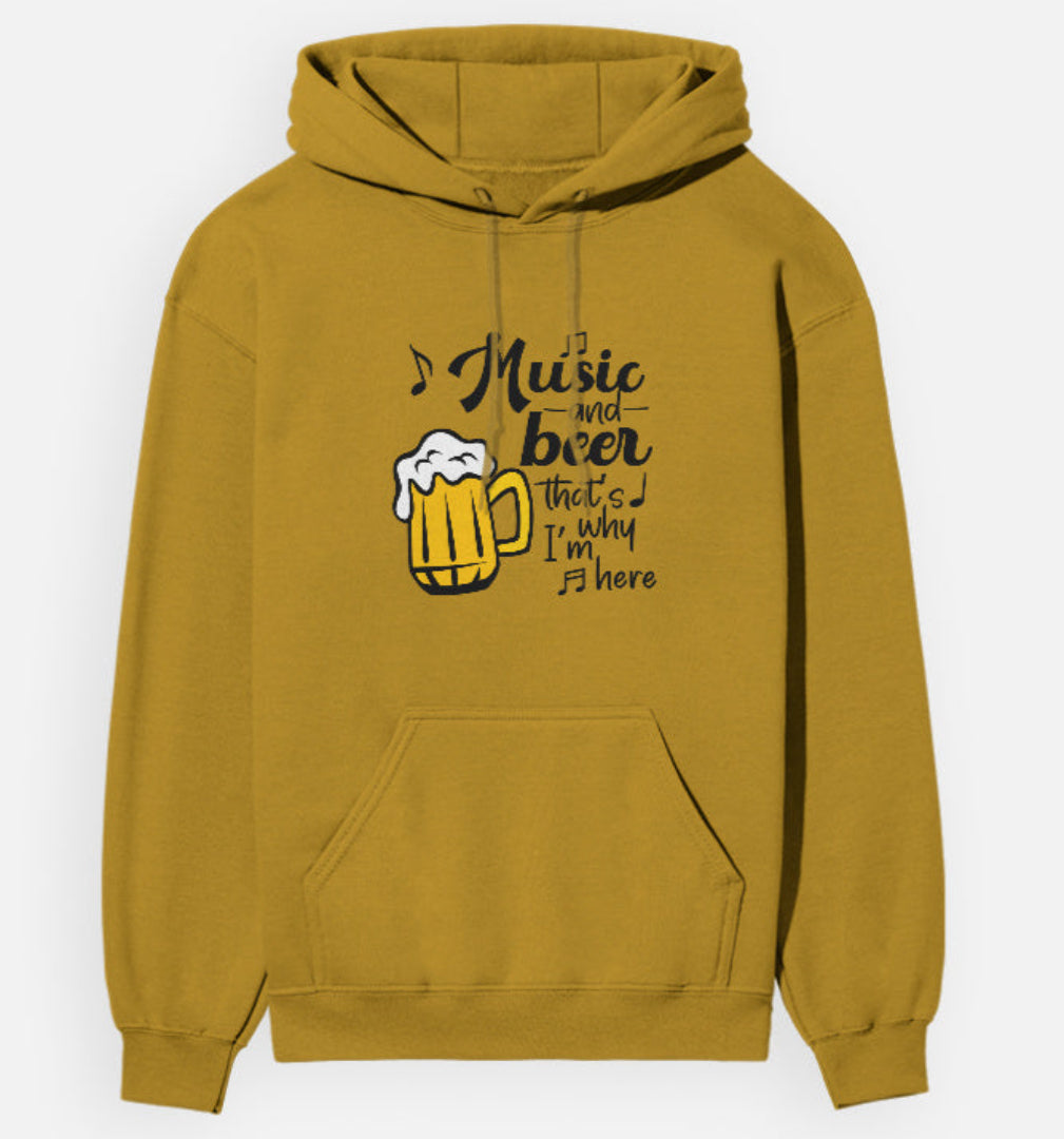 Mustard yellow hoodie with music and beer graphic on a white background
