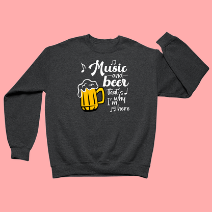 Black sweatshirt with a graphic of a beer mug and text on a pink background