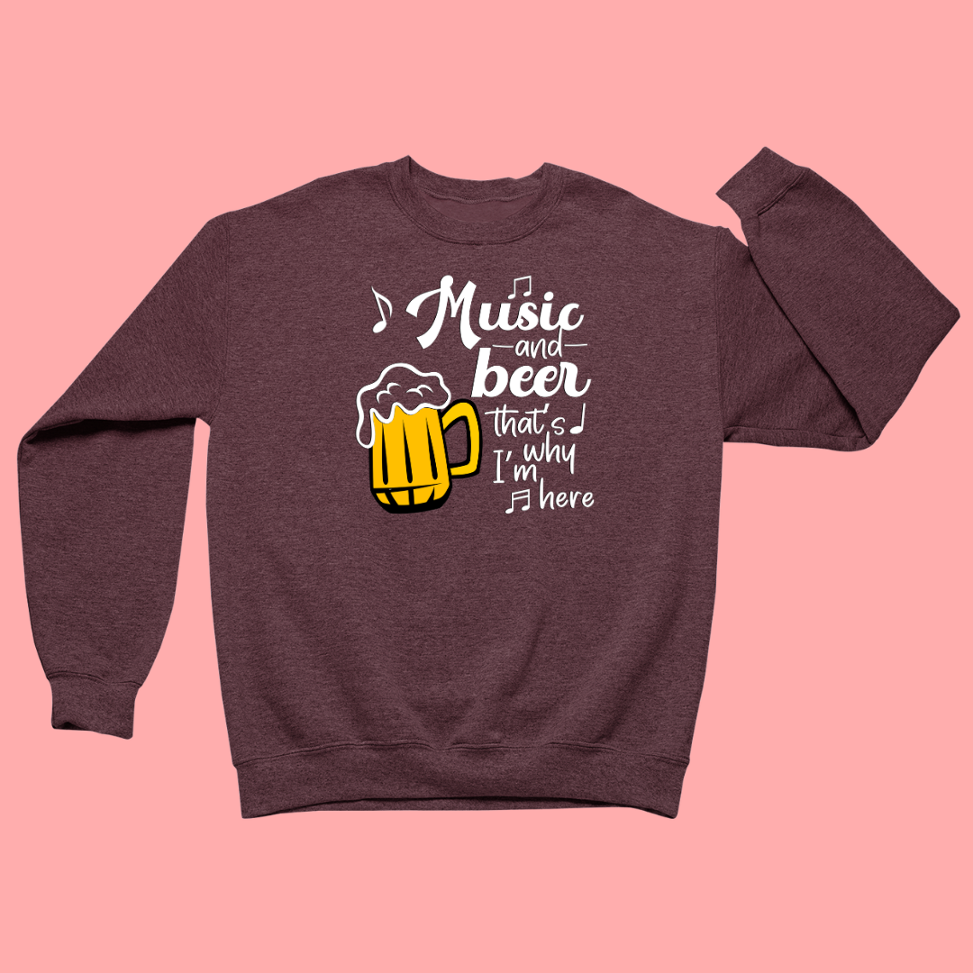 Maroon sweatshirt with a graphic of a beer mug and text on a pink background