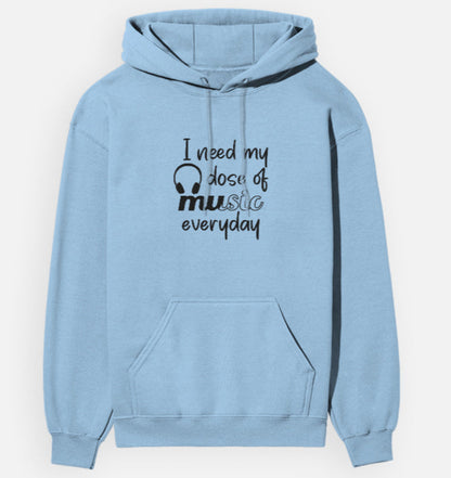 Light blue hoodie with text and headphones graphic on a white background