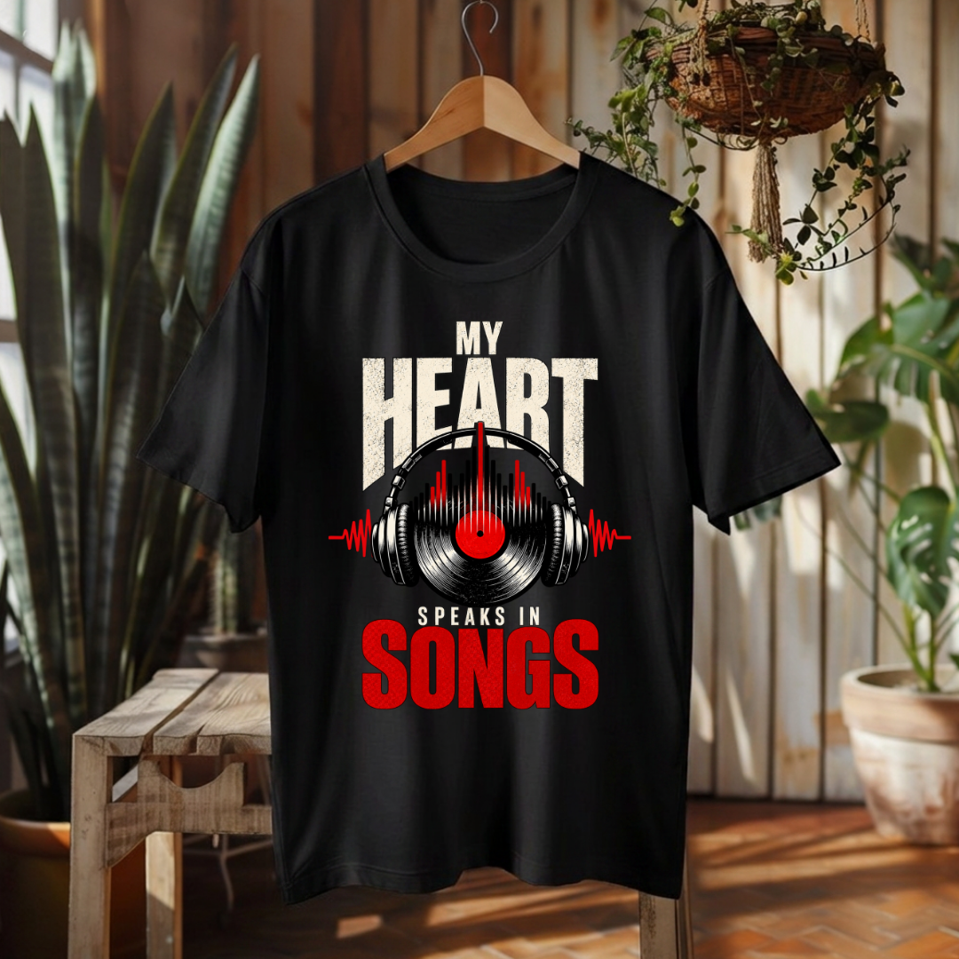 A black short-sleeve graphic t-shirt hanging on a wooden hanger in a rustic indoor setting. The shirt features a graphic print with the words 'MY HEART SPEAKS IN SONGS' in white and red, with a vinyl record and red soundwave design in the center.