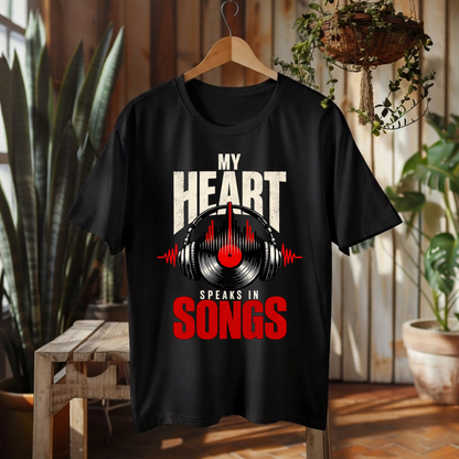 A black short-sleeve graphic t-shirt hanging on a wooden hanger in a rustic indoor setting. The shirt features a graphic print with the words 'MY HEART SPEAKS IN SONGS' in white and red, with a vinyl record and red soundwave design in the center.