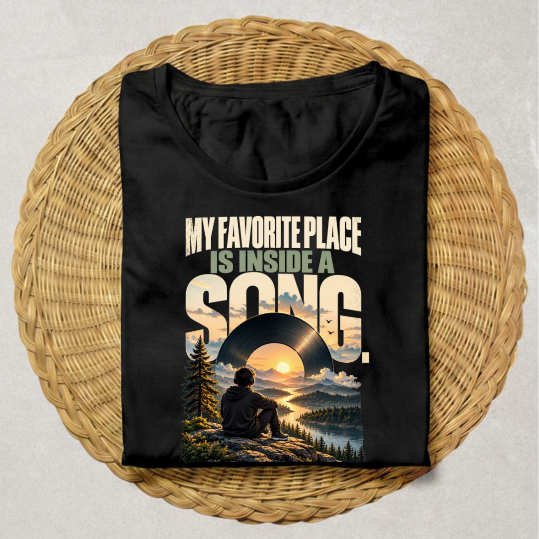 A black short-sleeve t-shirt with a scenic graphic print, laid flat on a round woven wicker placemat over a light gray surface. The graphic features the text 'MY FAVORITE PLACE IS INSIDE A SONG.